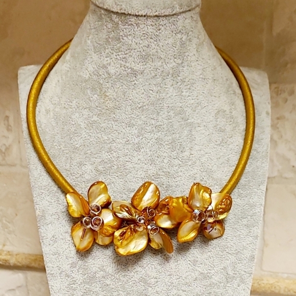 Vintage Jewelry - Vintage Handcrafted Golden Dahlia Flower Crystal Beaded Silk Statement N…